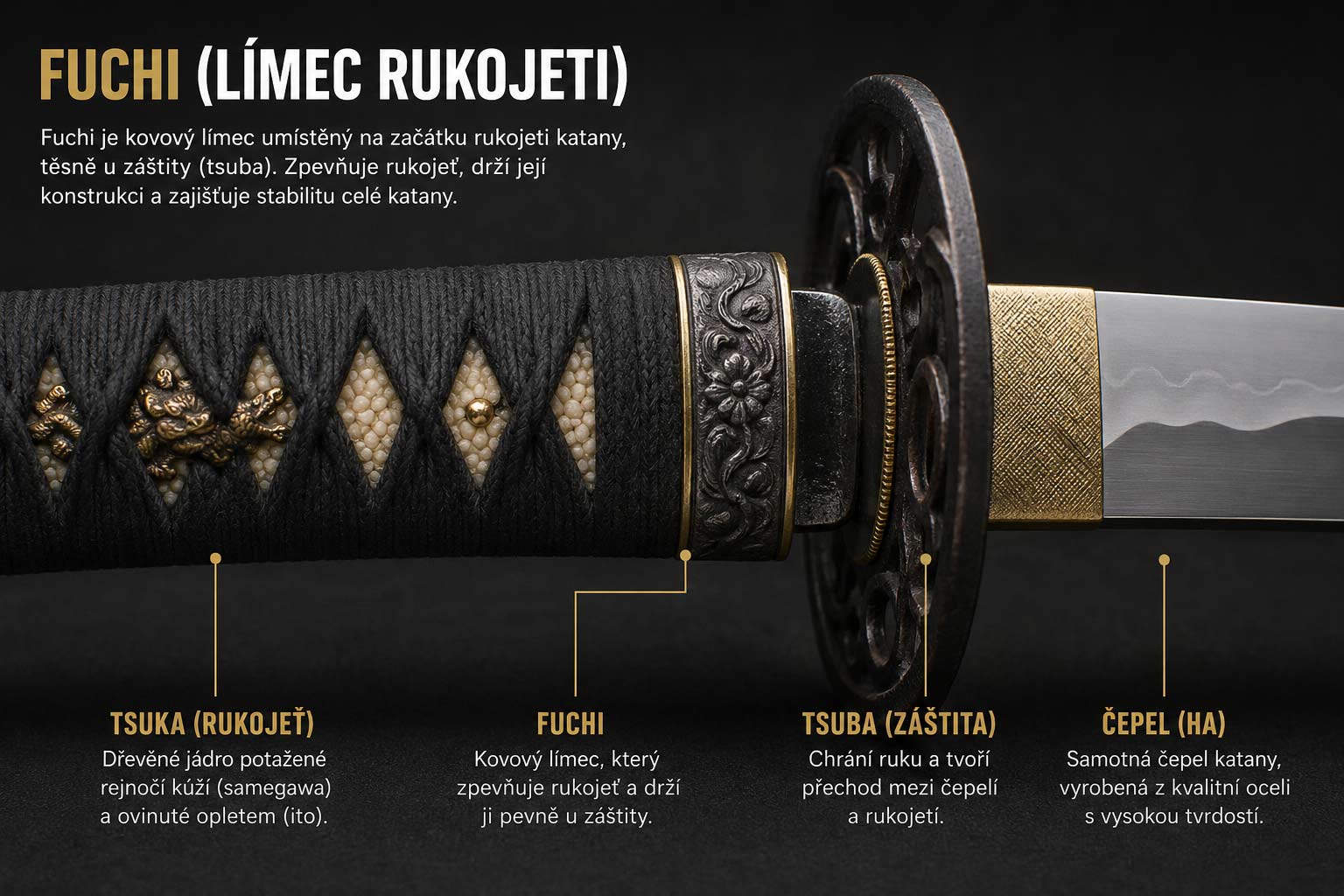 Fuchi (límec rukojeti) detail, který zpevňuje katanu a drží vše pohromadě